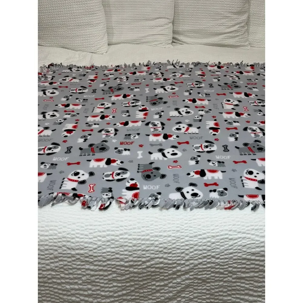 HANDMADE Dog Puppy Fleece Tie Blanket Gray Woof Paw Print Throw Pet Lover 54x52